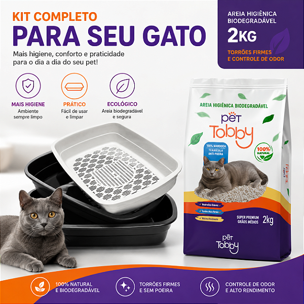 Caixa de Areia Furba Para Gatos + Areia de Gato De Mandioca Natural Biodegradável Pet Tobby