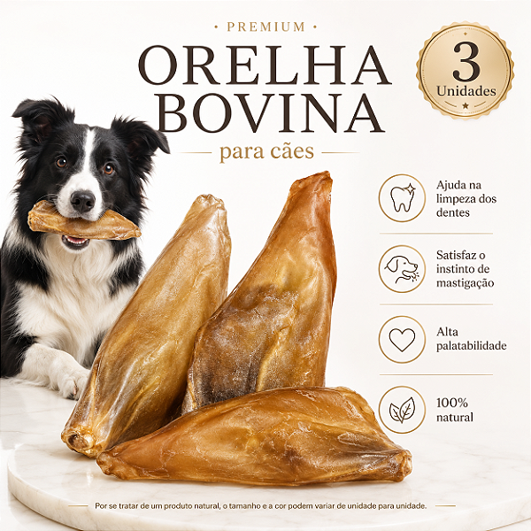 Mordedor Natural Para Cães Orelha Bovina Petisco 3 Unidades