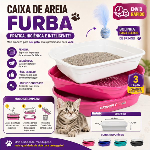 Caixa de Areia Para Gato 3 Peças + Brinquedo Gato