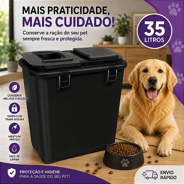 Caixa De Ração Para Cães e Gatos 35 Litros Preta