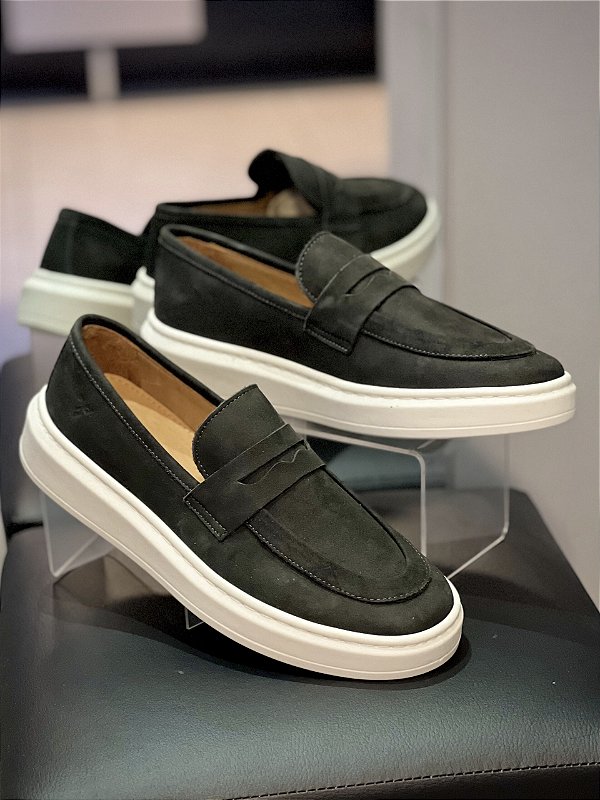 SAPATO SLIP CAMURÇA CHUMBO COM GRAVATA