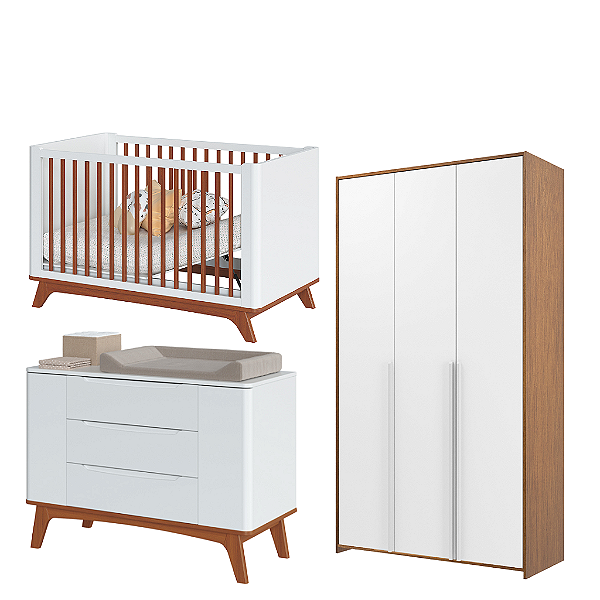 Quarto de Bebê Completo Sambalelê Com Berço + Cômoda + Guarda-Roupa 3 Portas