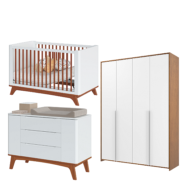 Quarto de Bebê Completo Sambalelê  Com Berço + Cômoda + Guarda-Roupa 4 Portas