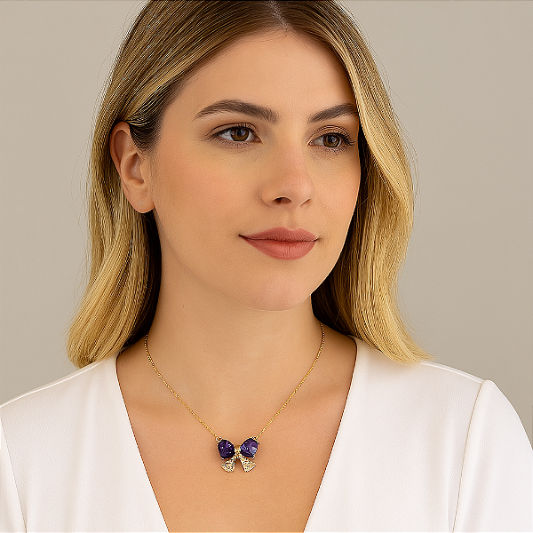 COLAR DOURADO LAÇO ROXO