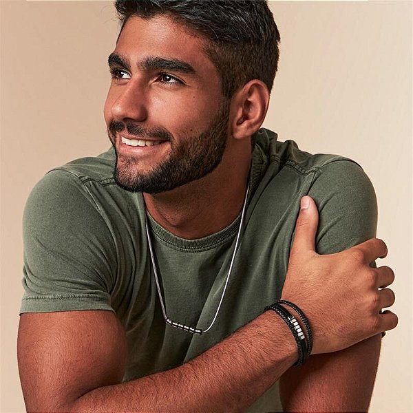 PULSEIRA MASCULINA EM COURINO 3 VOLTAS TRANÇADA LISA EM AÇO