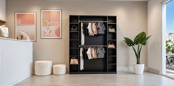 Guarda Roupas Estante Armário Colmeia com 02 Cabideiros + 14 Nichos Preto Cód.101