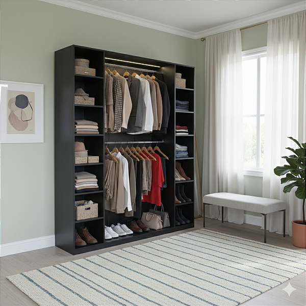 Guarda Roupas Estante Armário Colmeia com 02 Cabideiros + 14 Nichos Preto Cód.101