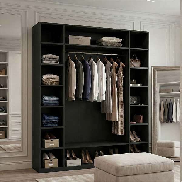 Armário Colmeia 01 Cabideiro + Prateleiras + Nichos Preto Cód.102