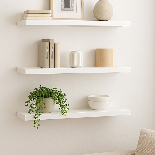 4 Prateleira MDF 25X10 + Suporte Flutuante Decoração Branco Cód.1311