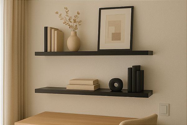 2 Prateleira MDF 25X10 + Suporte Flutuante a Decoração Sala Preto Cód.1311