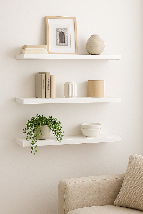 03 Prateleiras MDF 30X10 + Suporte Flutuante Decoração Branco Cód.1304