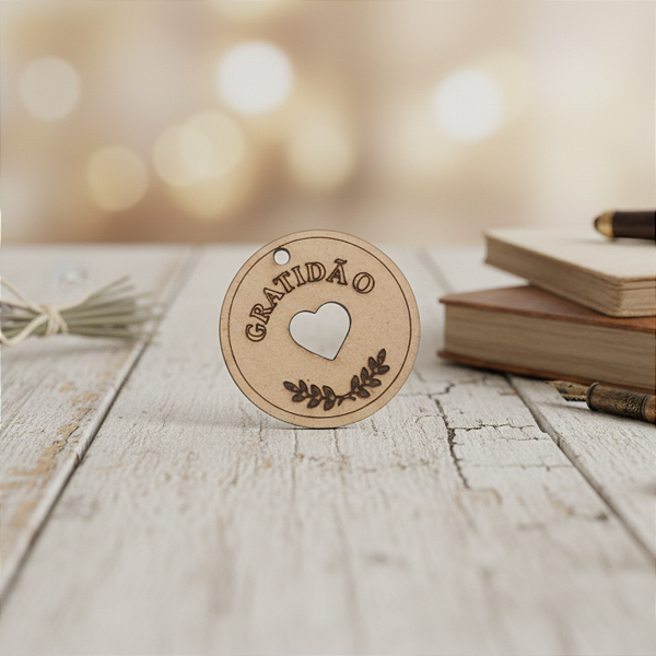 25 Chaveiros Mdf 3mm Gratidão + Coração Vazado + Ramo de Folhas Cru Cód.1410