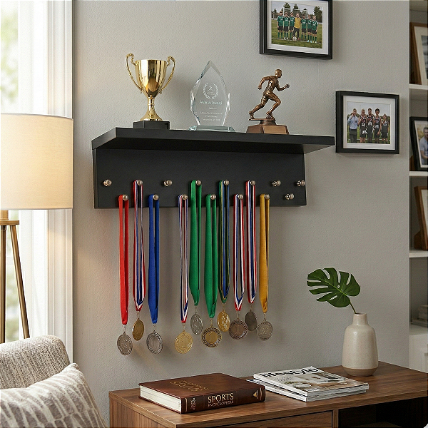 Porta Medalhas E Troféu 40cm Suporte De Parede Decoração Mdf Preto Cód.829