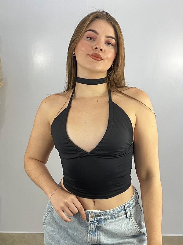 Cropped Poliamida Preto Blossom