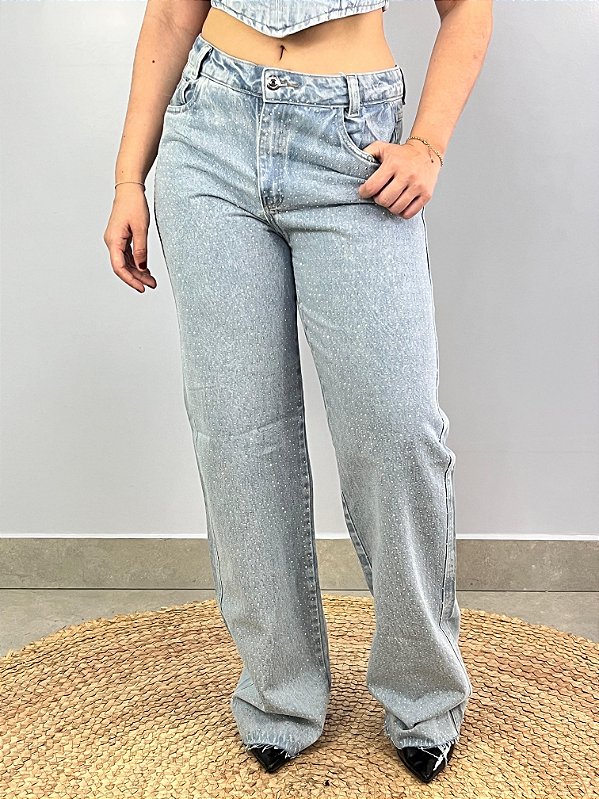 Calça Jeans Wide Leg Strass
