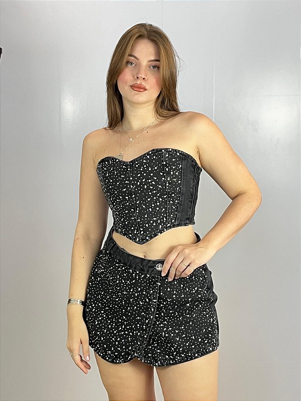 Conjunto Short Saia Strass Dama