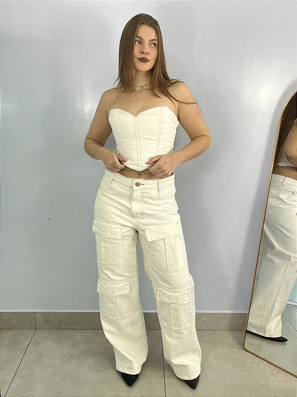 Calça Jeans Cargo White