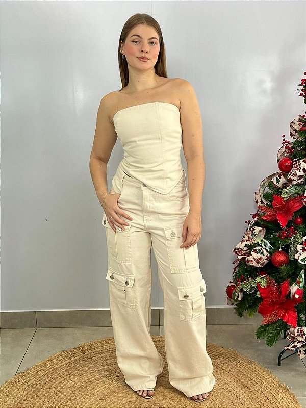 Calça Jeans Cargo White