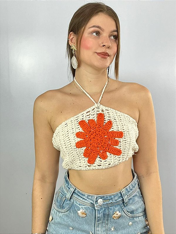 Cropped Crochê Flor Off\Laranja