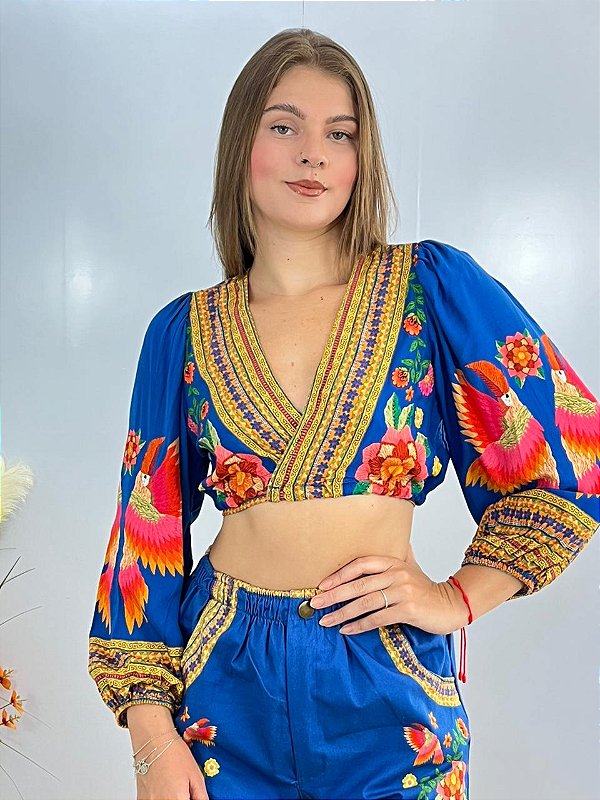 Cropped PomPom Algodão Azul Bic Valentina