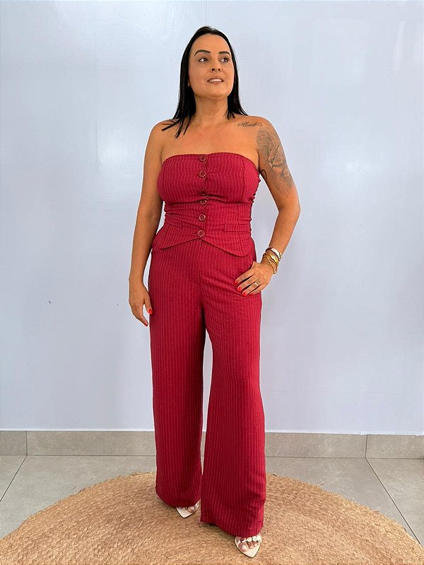 Conjunto Alfaiataria Colete Risca De Giz Vinho