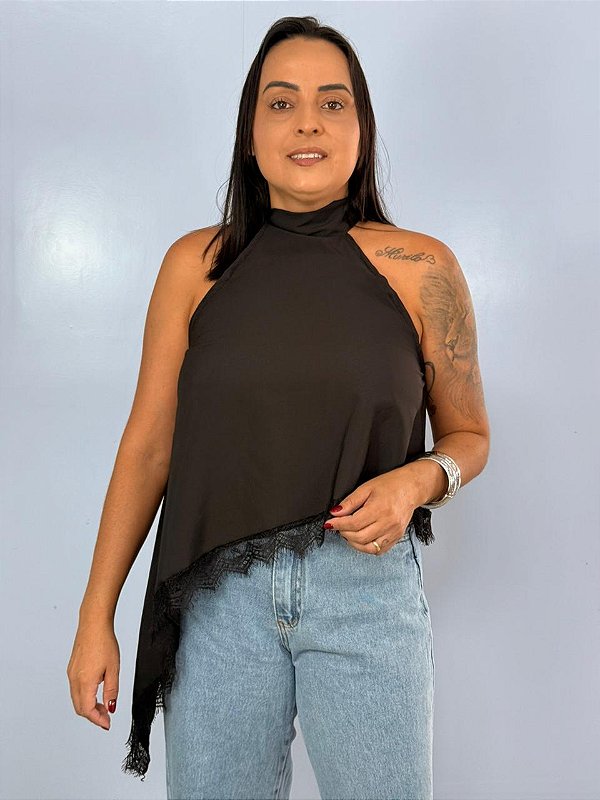 Blusa Assimetrica Renda Preta