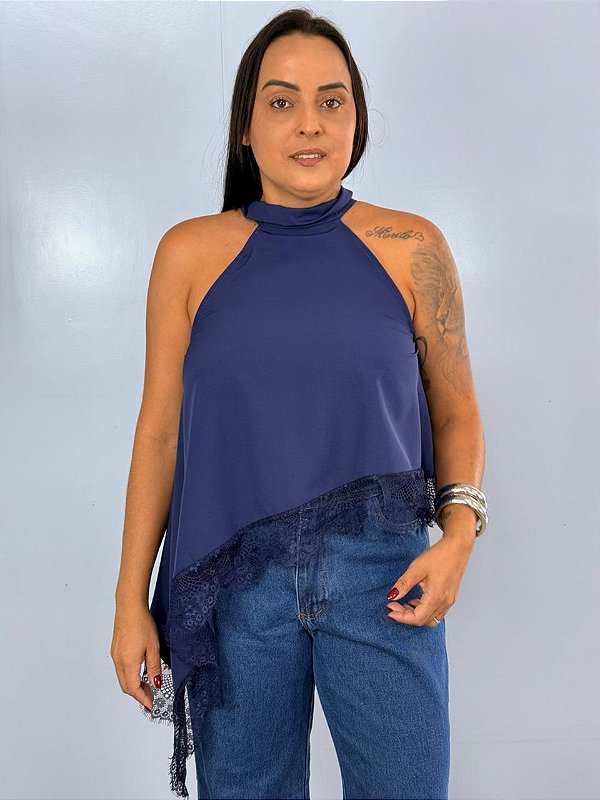 Blusa Assimetrica Renda Azul Marinho