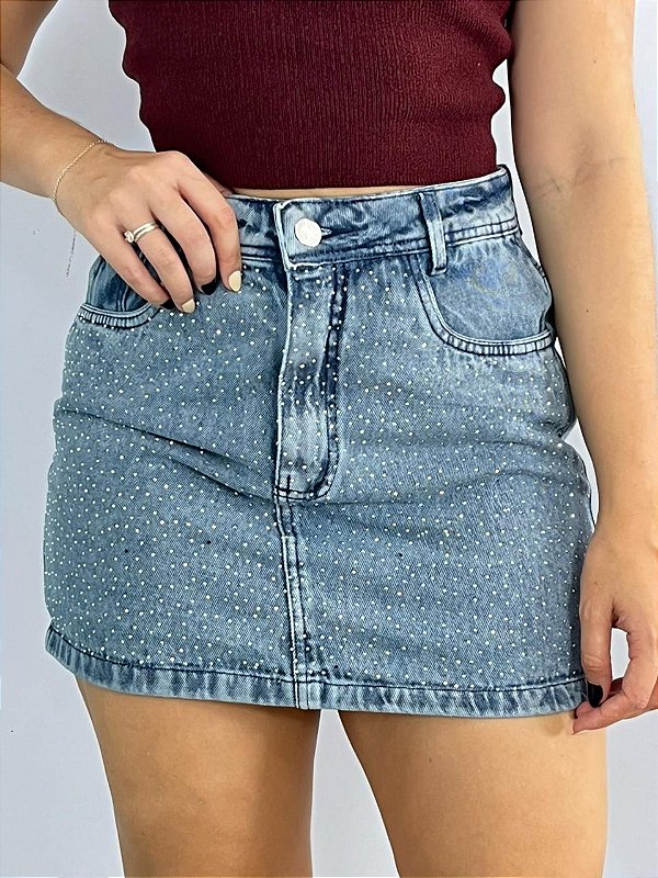Short Saia Jeans Lav.Média Strass