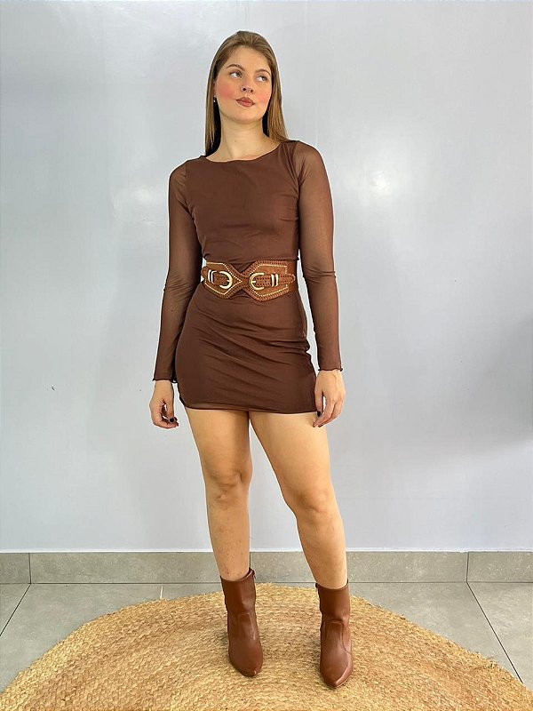 Vestido Tule Basico Marrom