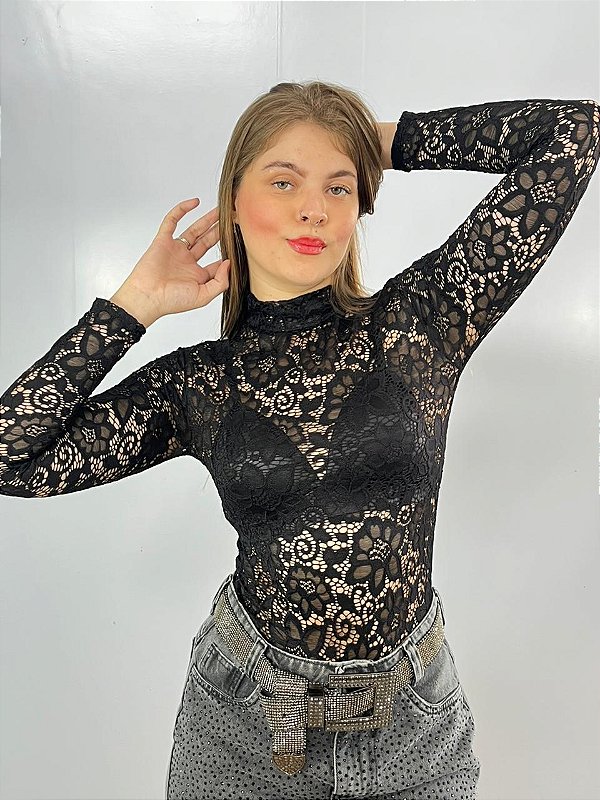 Body Tule Flores Preto