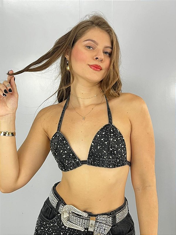Cropped Jeans Preto Brilho Bikini