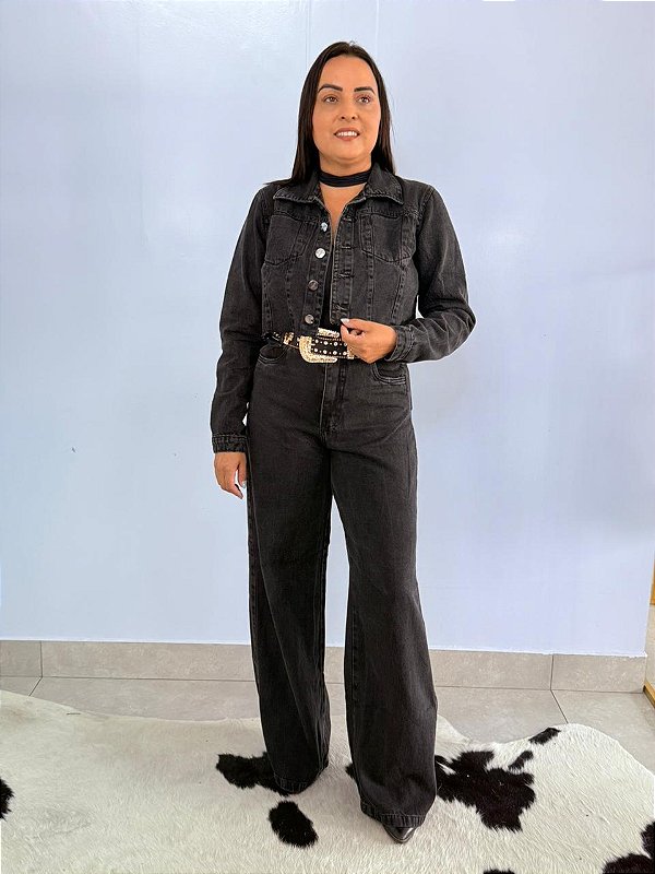 Calça Wide Leg Jeans Preta Basica