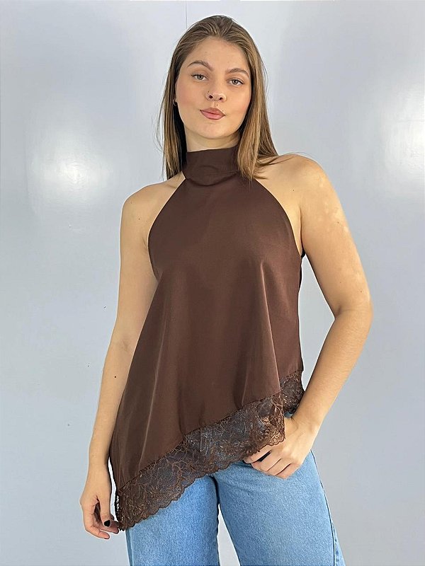 Blusa Assimetrica Renda Marrom