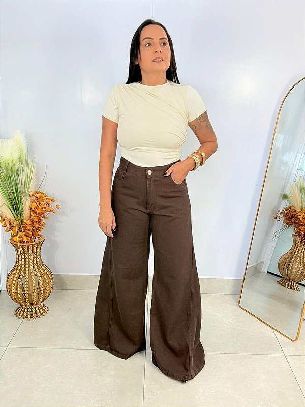 Calça Jeans Pantalona Marrom Gabi