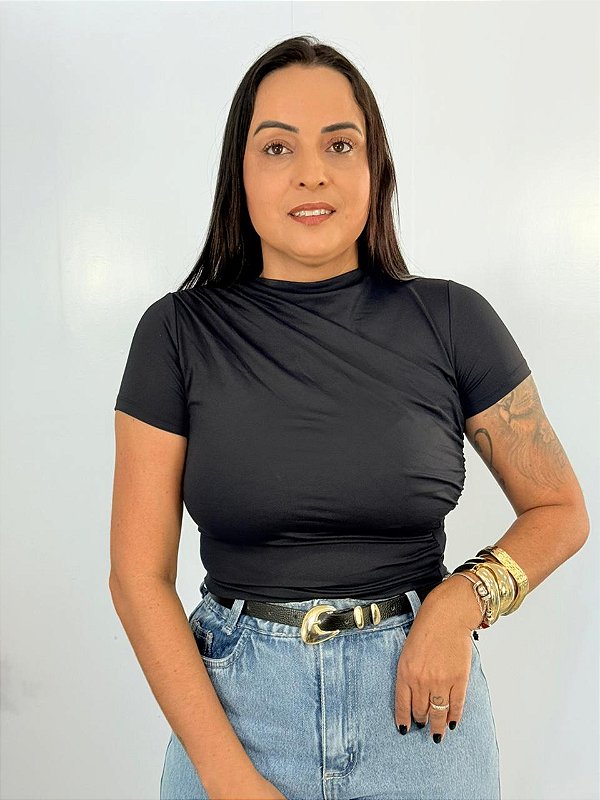 Blusa Poliamida Drapeada Preta