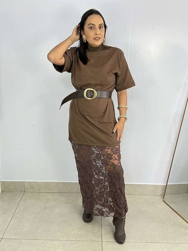 Vestido Longo Renda Marrom