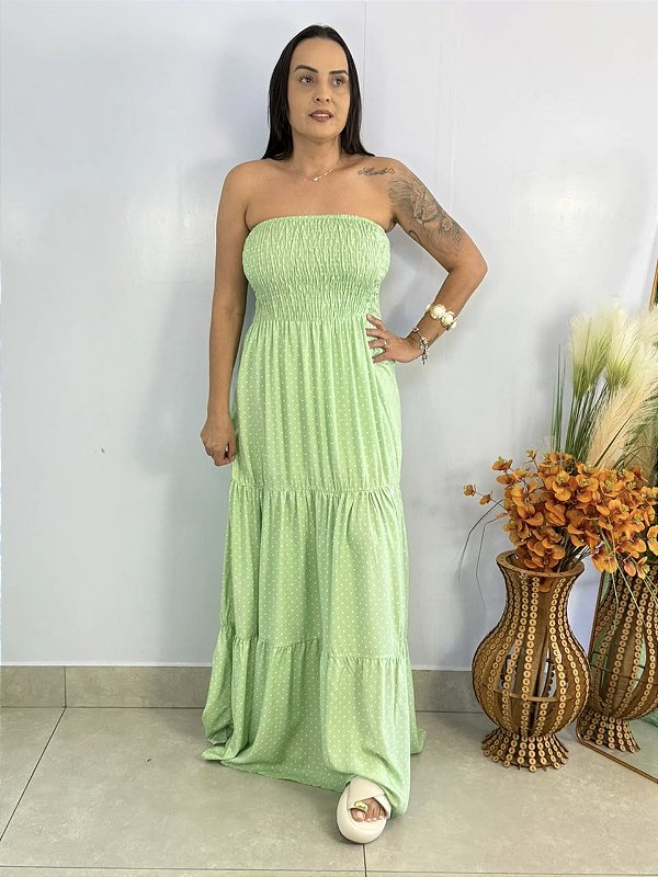 Vestido Longo Poa Verde Beca