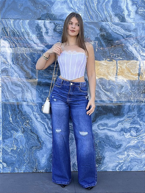 Calça Jeans Wide Leg Escura Dama