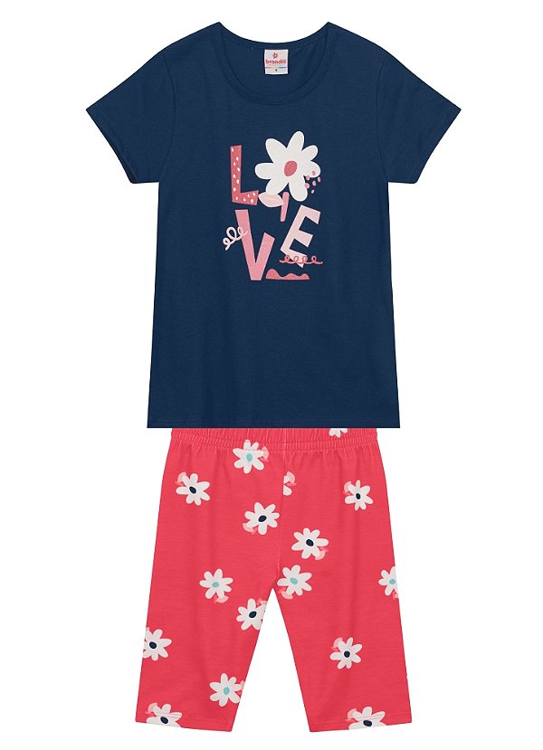 Conjunto Infantil Feminino Blusa Meia Malha / Bermuda Ciclista Cotton/