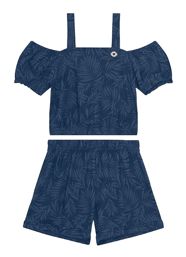 Conjunto Infantil feminino Blusa Cropped e Shorts Meia Malha Mesclada