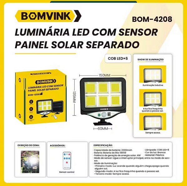 Luminária Solar LED com Sensor de Presença – BOMVINK BOM-4208