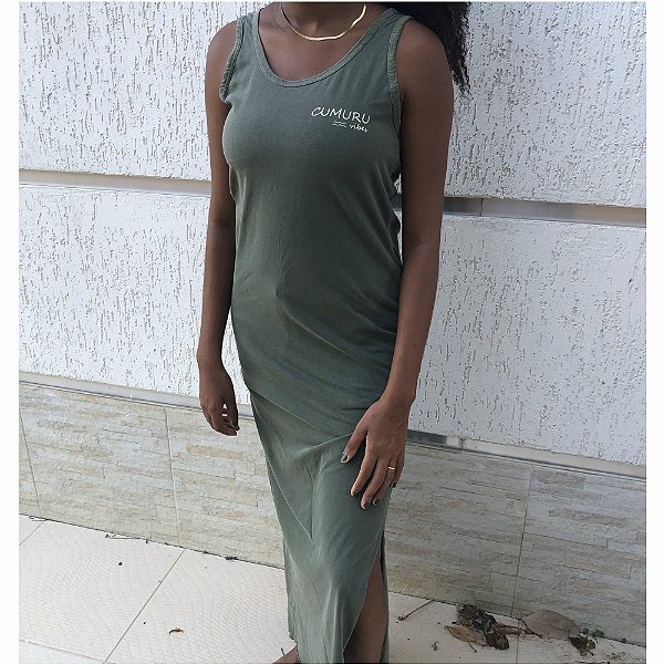 Vestido Regata Longo Estonado Cumuru Vibes Verde Escuro