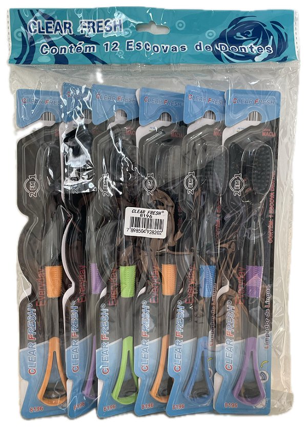 Pacote Escovas de Dente Adulto com raspador - Macia - 12 unidades - Clear Fresh