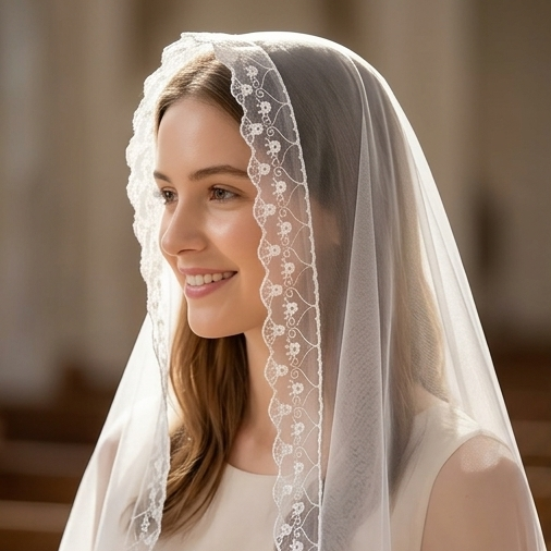 Véu Católico Santa Pureza – Tule Cristal Luxo com Aplicação em Organza Luxo | Branco