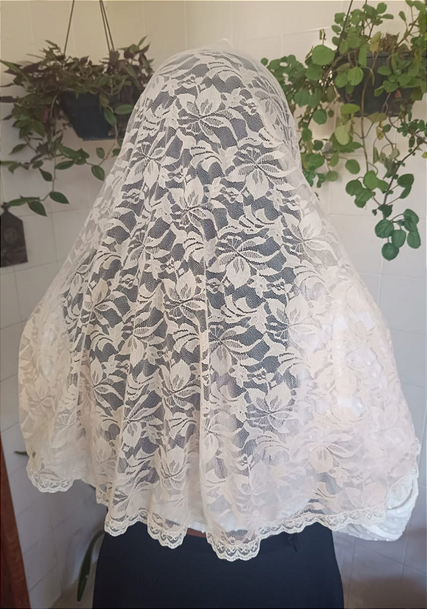 Véu Mantilha para Missa Feminino modelo tradicional oval Folhas de Rosas de Maria católico luxo