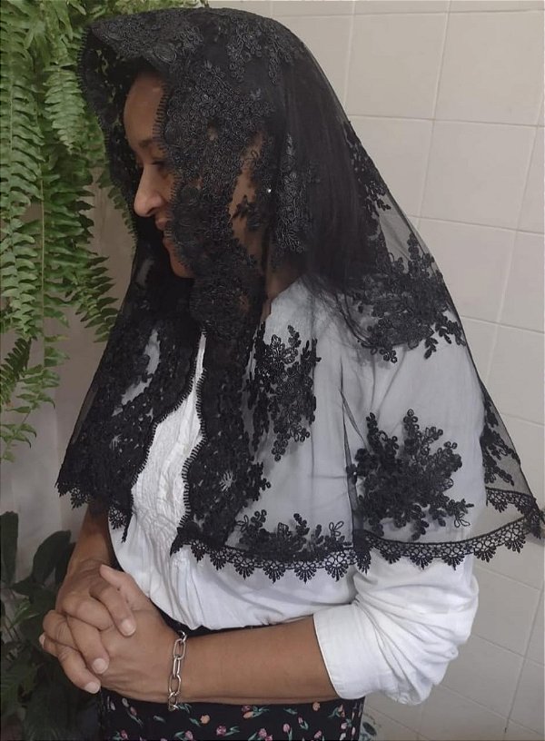 Mantilha Preto Véu bordado inglês Luxo Rainha do Céu
