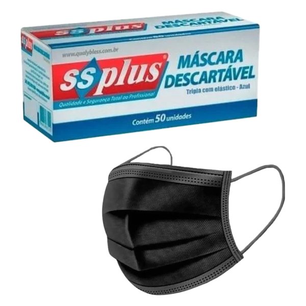 Máscara Descartável Elástico Tripla Preta - Ssplus