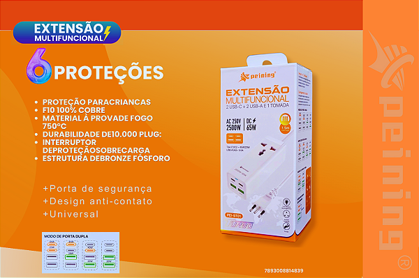 Extensões Multifuncional 2USB-C + 2USB-A E 1 Tomada