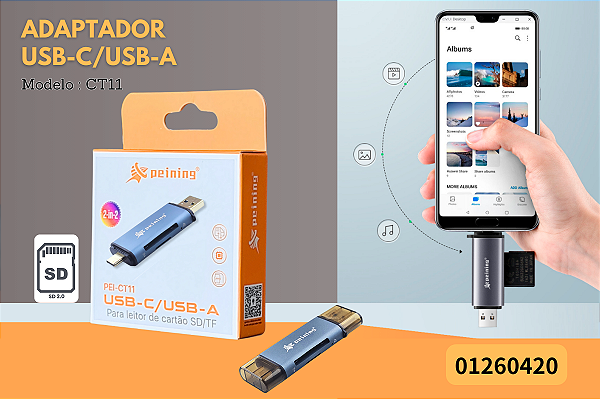 Adaptador USB-C/USB-A para leitor de cartão SD/TF PEI-CT11