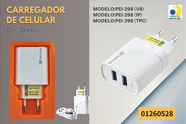 Carregador De Celular Rápido Prático Com Fio 2usb Pei-298